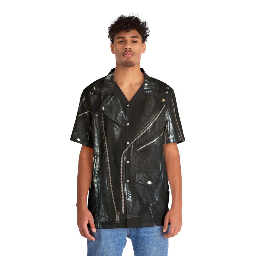 Black leather jacket with a tropical Hawaiian shirt pattern - People Front