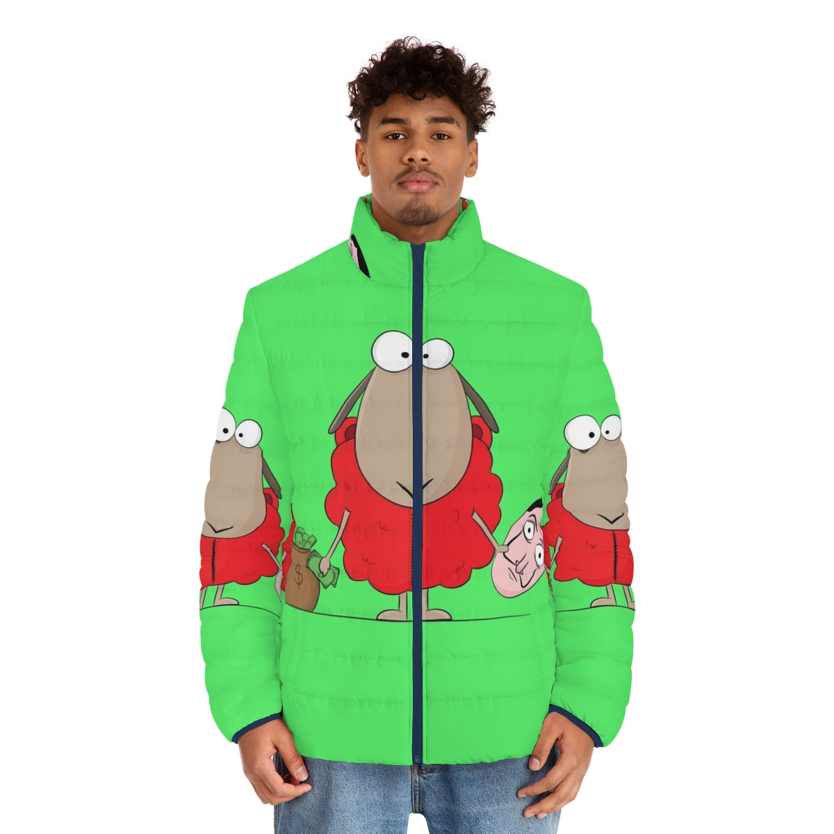 A cozy puffer jacket featuring a cute cartoon sheep design inspired by the popular Netflix series Money Heist. - men front