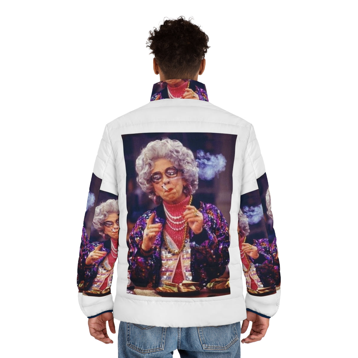 Grandma Yetta inspired 90s puffer jacket with vintage nineties fashion design - men back