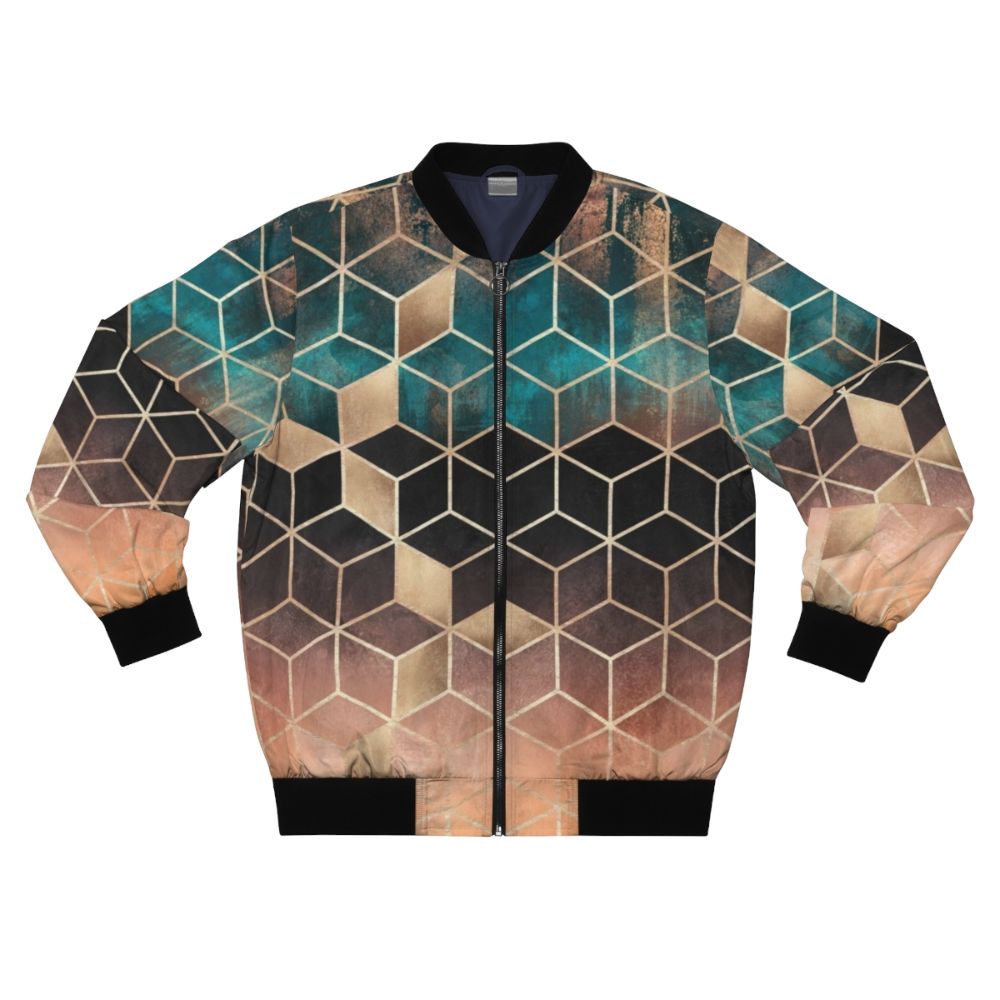 Ombre geometric pattern bomber jacket with cubes and lines