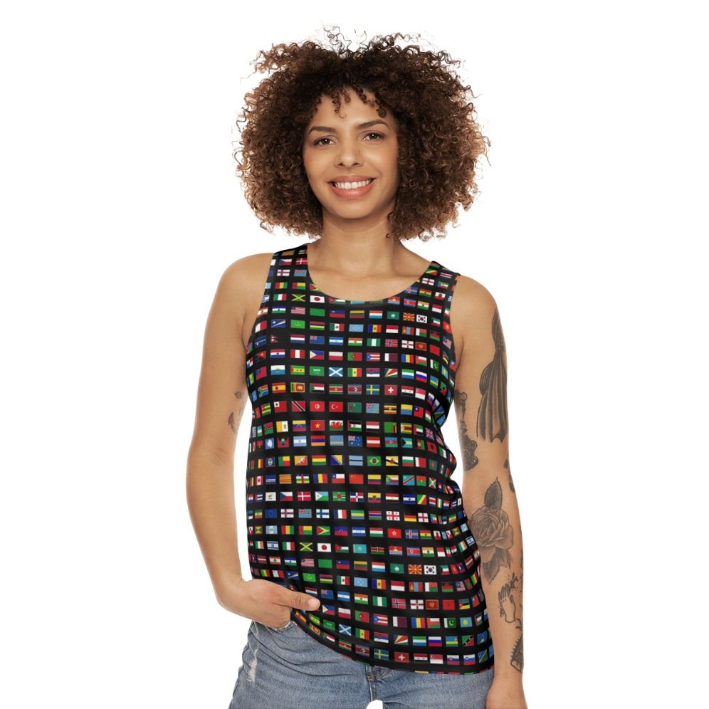 Unisex tank top with world flags design - women