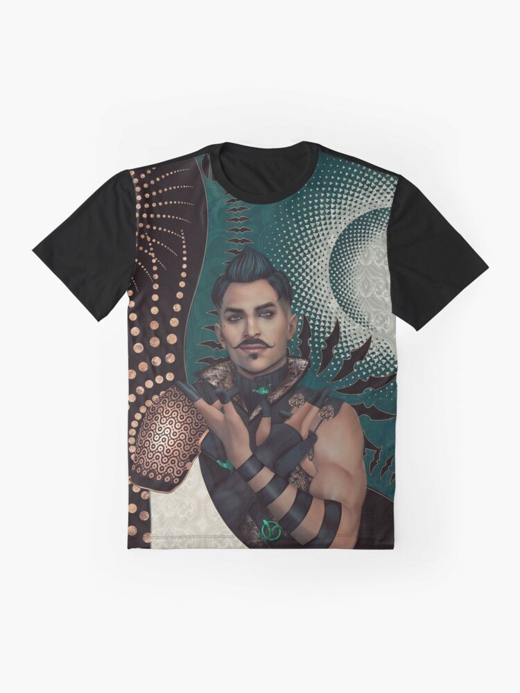 Dorian Pavus "Requiem for an Empire" graphic t-shirt, featuring a tarot-inspired design with a dragon and mage imagery from the Dragon Age: Inquisition video game. - Flat lay