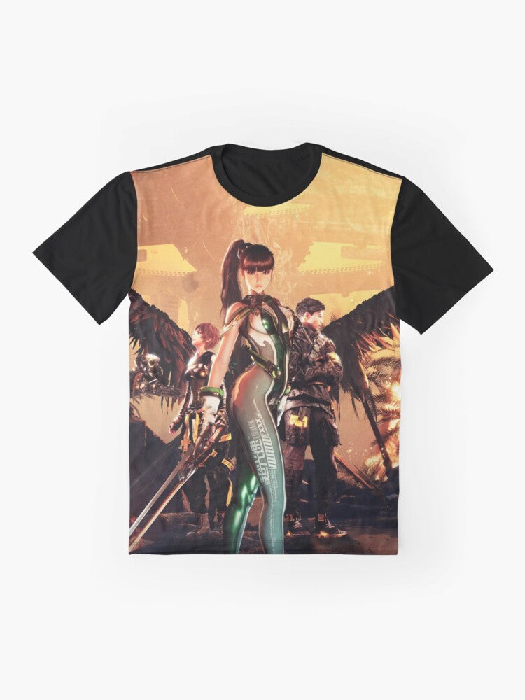 Stellar Blade video game character graphic t-shirt design - Flat lay