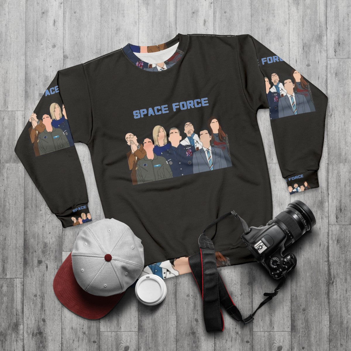 Space Force Sweatshirt with Moon and Astronaut Graphics - flat lay