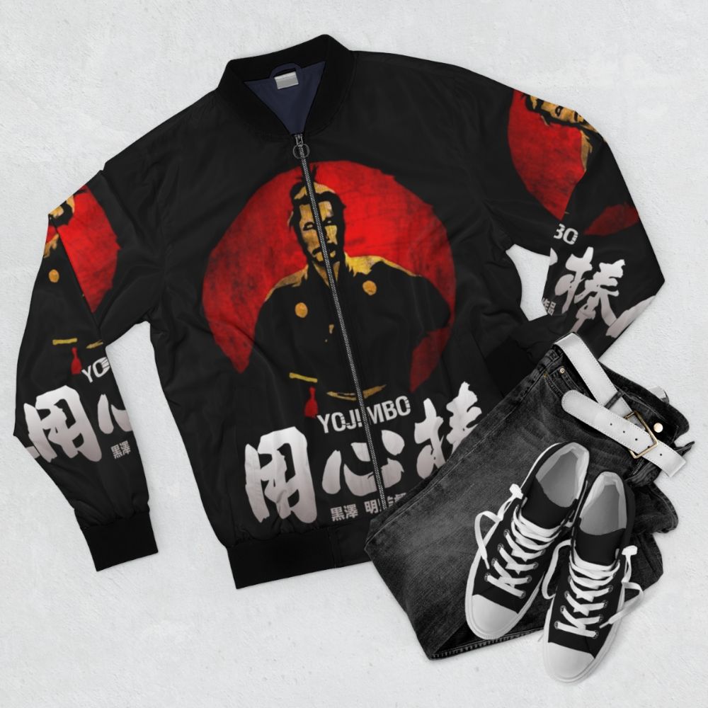 Yojimbo and Sanjuro Akira Kurosawa classic samurai Japanese movie bomber jacket - Flat lay