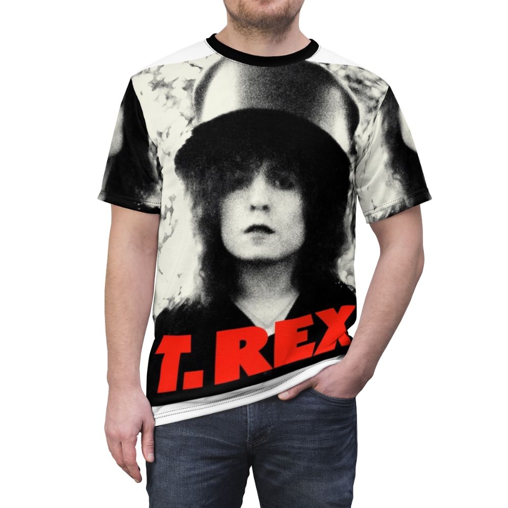 Vibrant AOP t-shirt featuring a stylized T-Rex design, perfect for fans of the glam rock era and the music of Marc Bolan. - men front