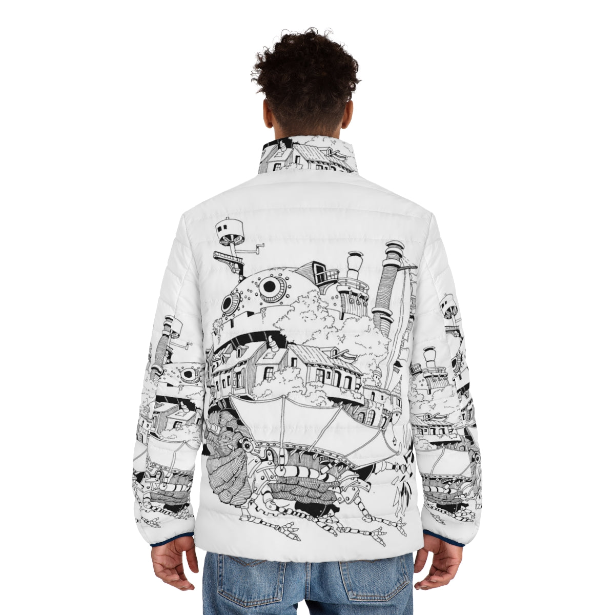 Howl's Moving Castle inspired puffer jacket featuring characters and elements from the anime film - men back