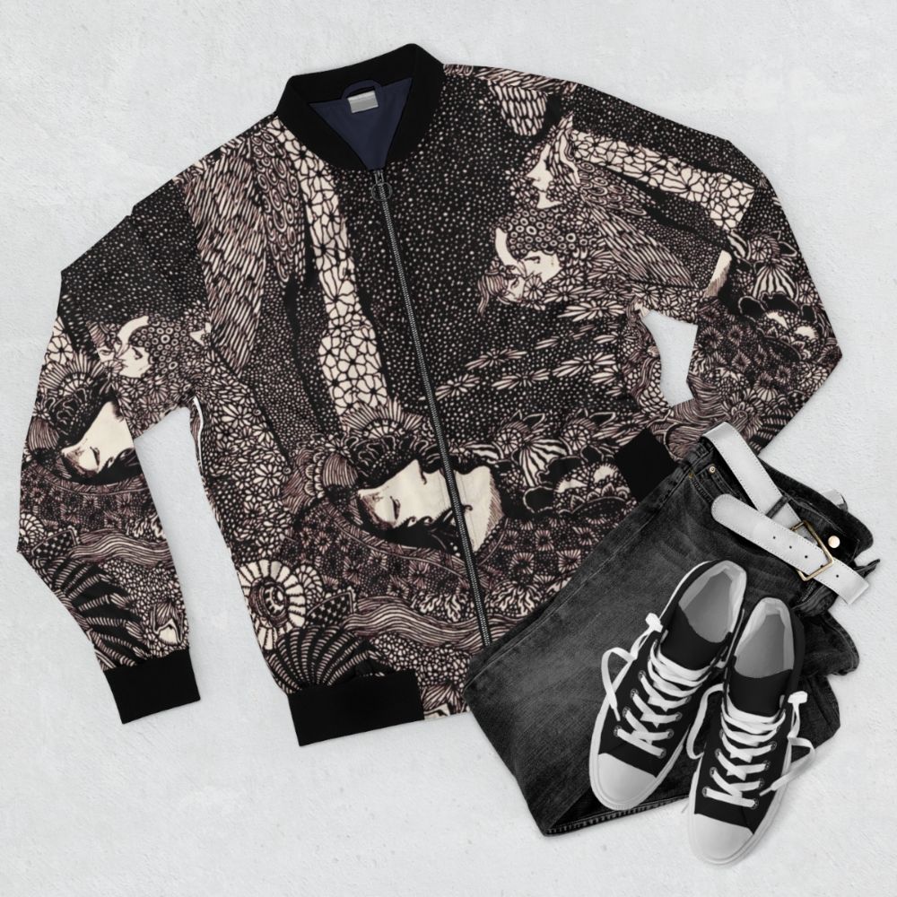 Art Nouveau Bomber Jacket with Designs Inspired by Edgar Allan Poe's Tales - Flat lay