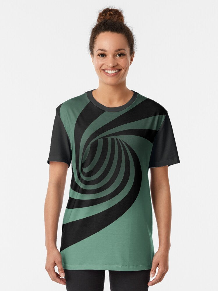 Optical illusion graphic t-shirt with a trippy, geometric black and white pattern - Women