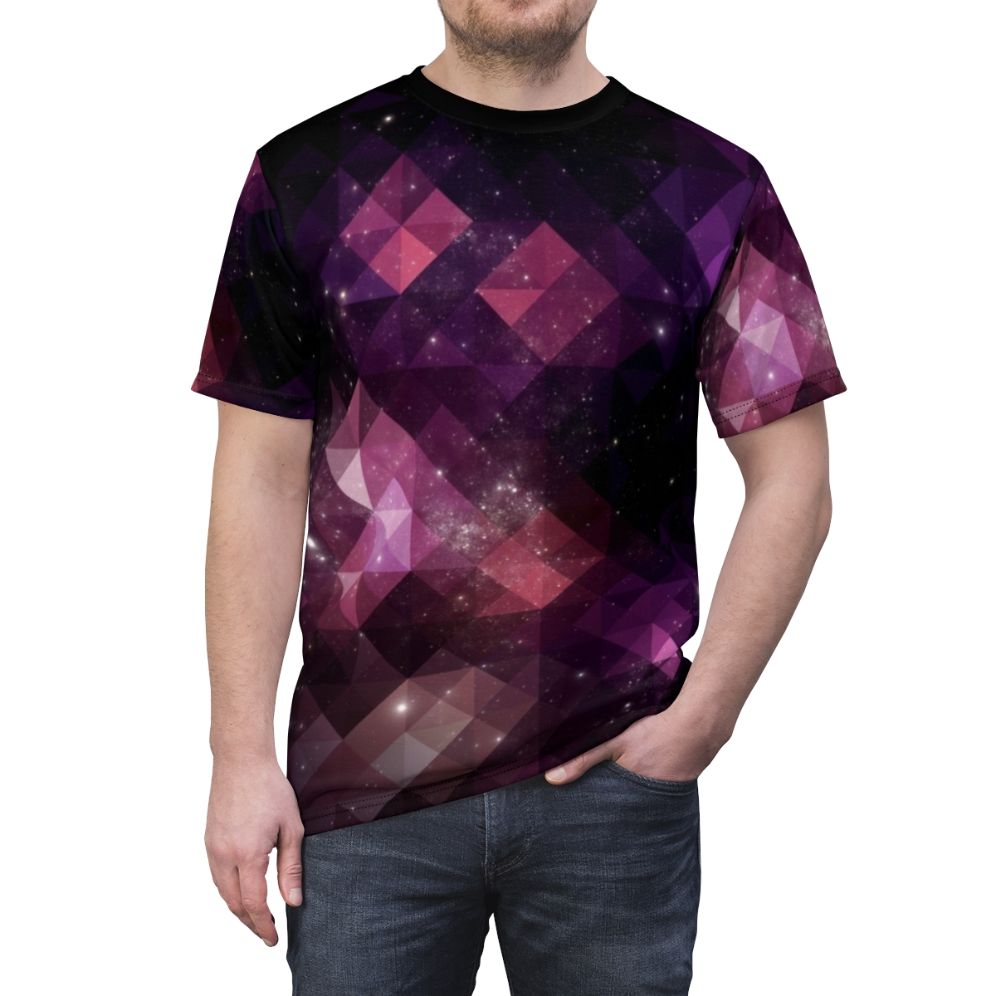 Geometric space-themed t-shirt with triangles, stars, and cosmic design - men front