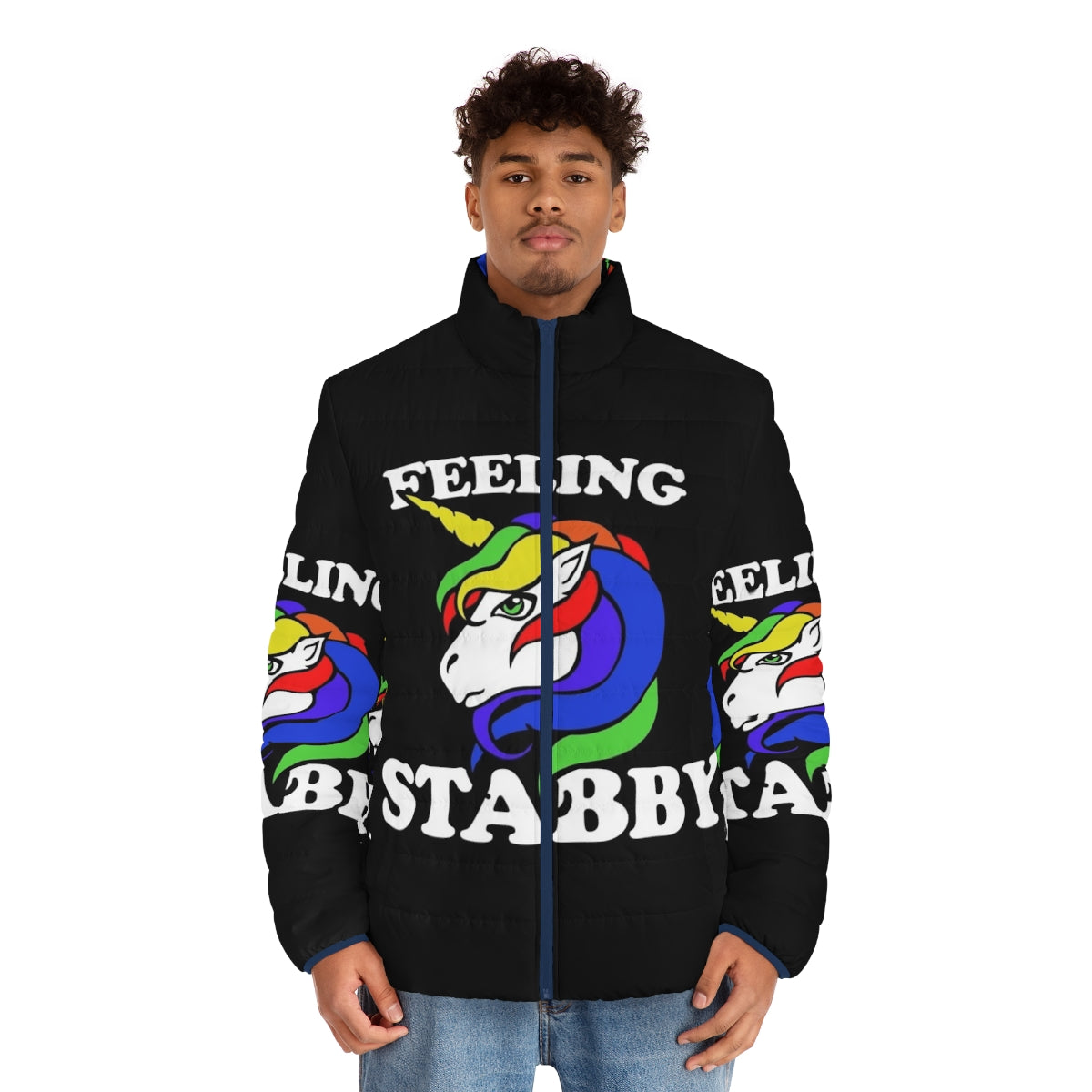 Feeling Stabby Unicorn Puffer Jacket featuring a vibrant rainbow design and legendary animal graphics - men front