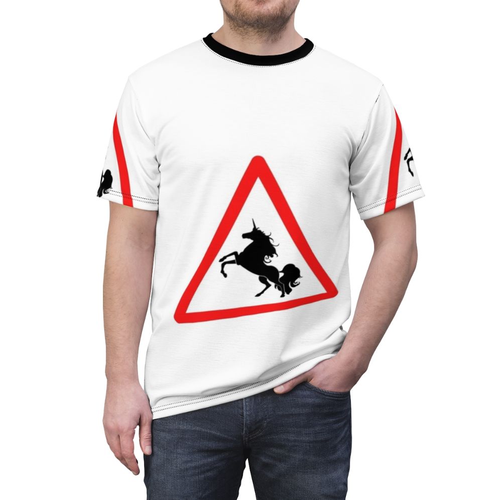 T-shirt featuring a colorful, whimsical design of legendary animals like unicorns and dragons - men front