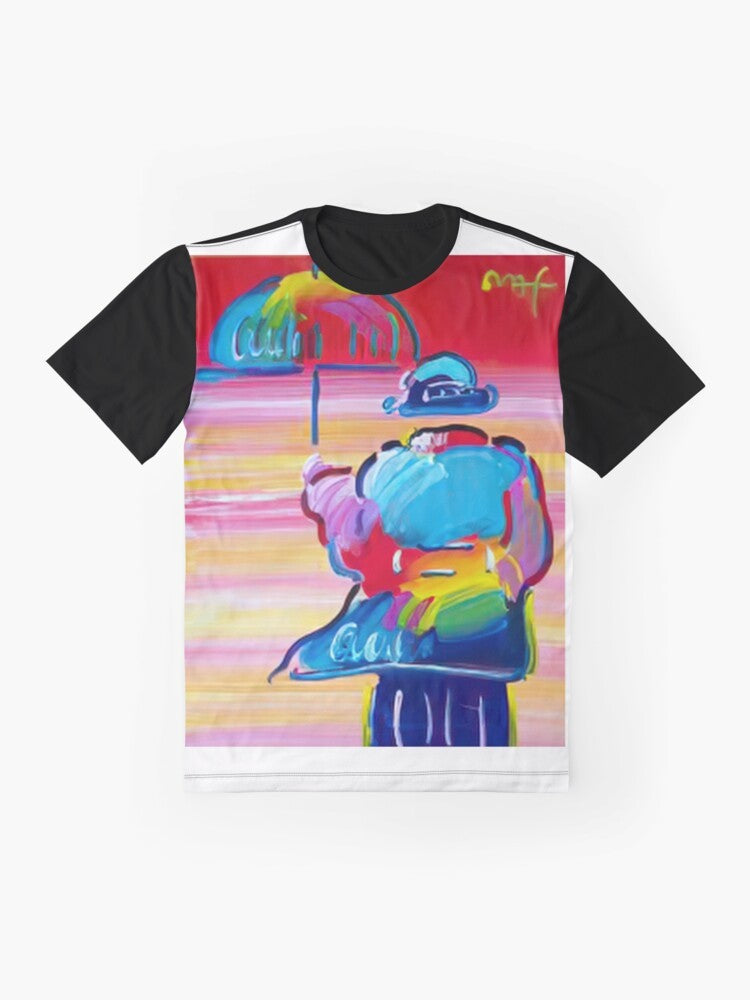 Peter Max pop art graphic t-shirt featuring colorful, vibrant artwork in the signature style of the renowned American artist - Flat lay