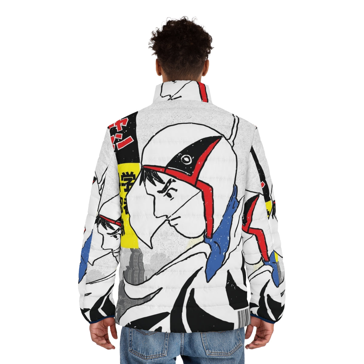 Gatchaman puffer jacket with science fiction and anime design - men back