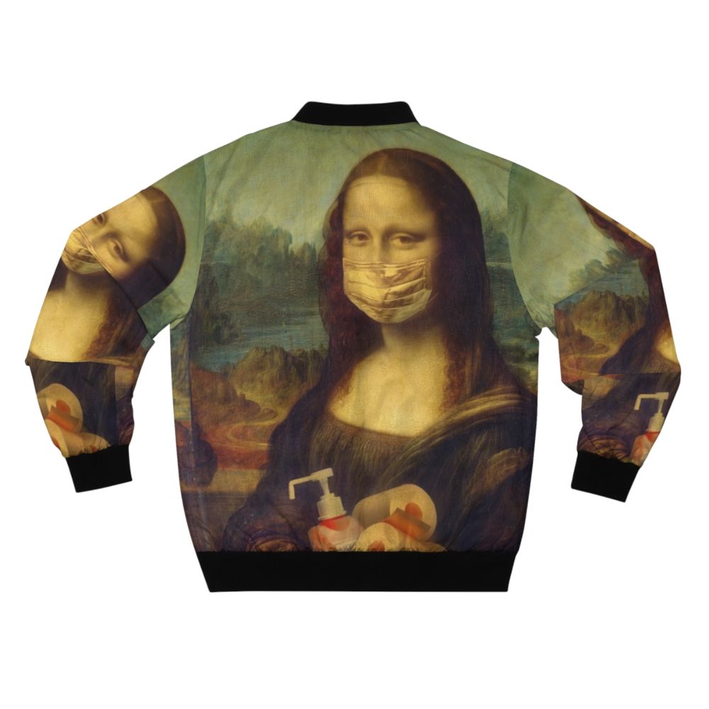 A bomber jacket featuring a comic-style illustration of the Mona Lisa with COVID-19 imagery. - Back