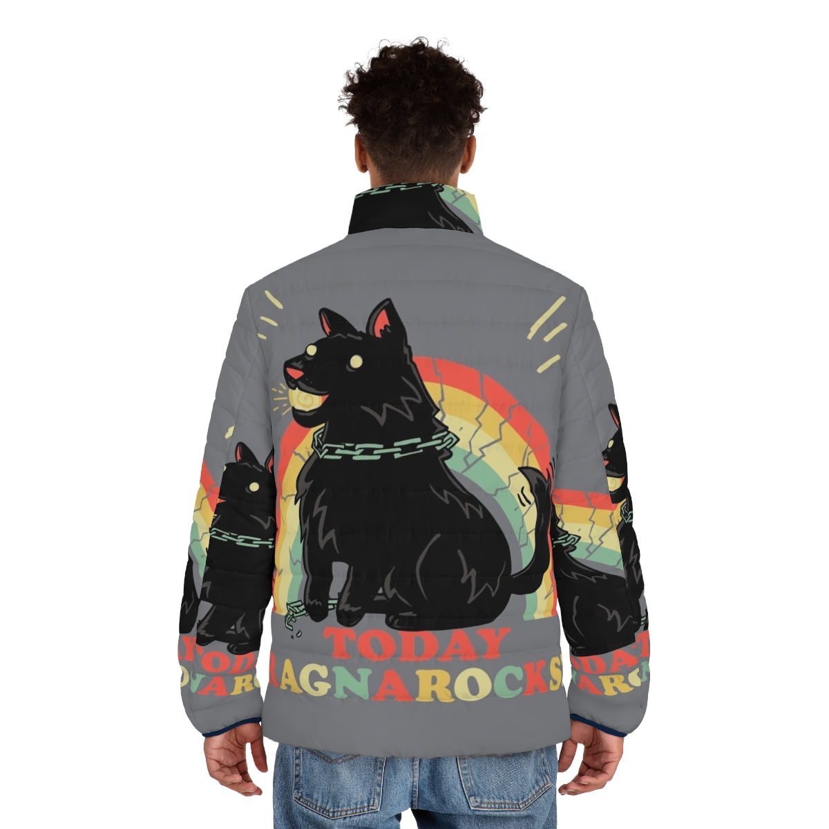 Dog wearing a puffer jacket with Norse mythology inspired design - men back