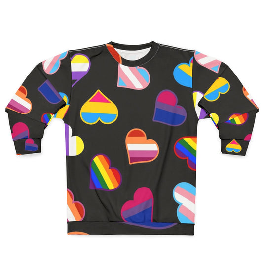 Colorful pride flags hearts design on a cozy sweatshirt