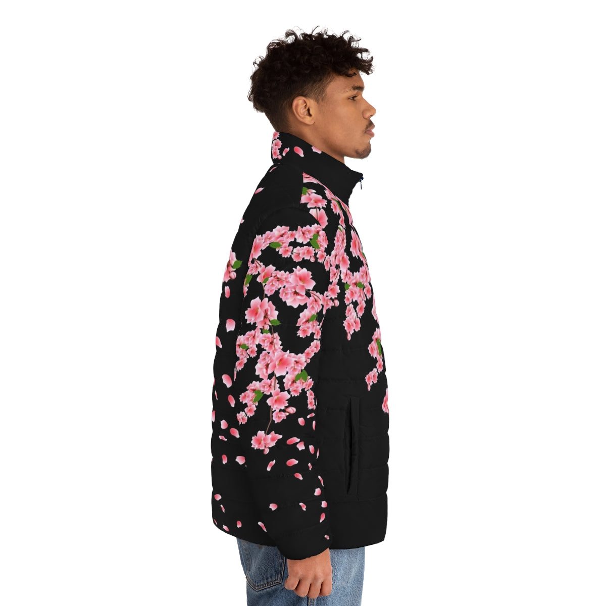 Sakura cherry blossom puffer jacket with pink floral design - men side right