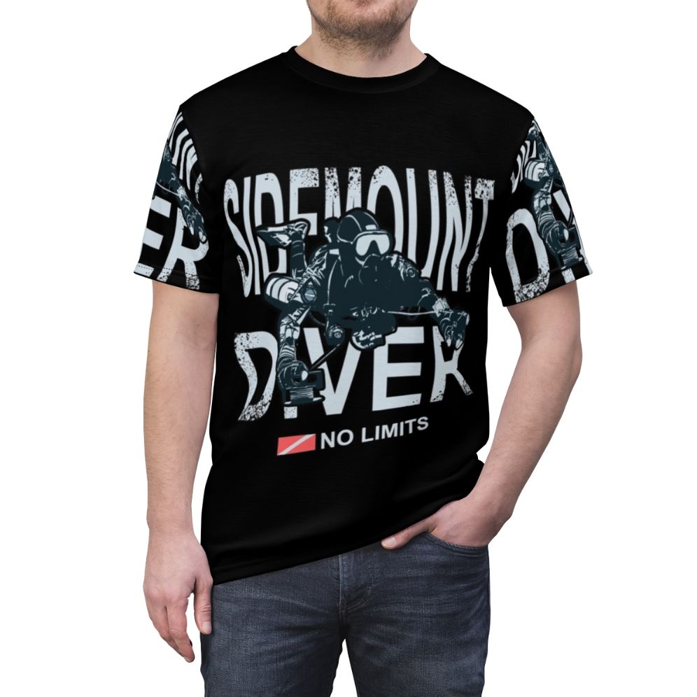 Sidemount diver t-shirt with an all-over print design for technical diving enthusiasts. - men front