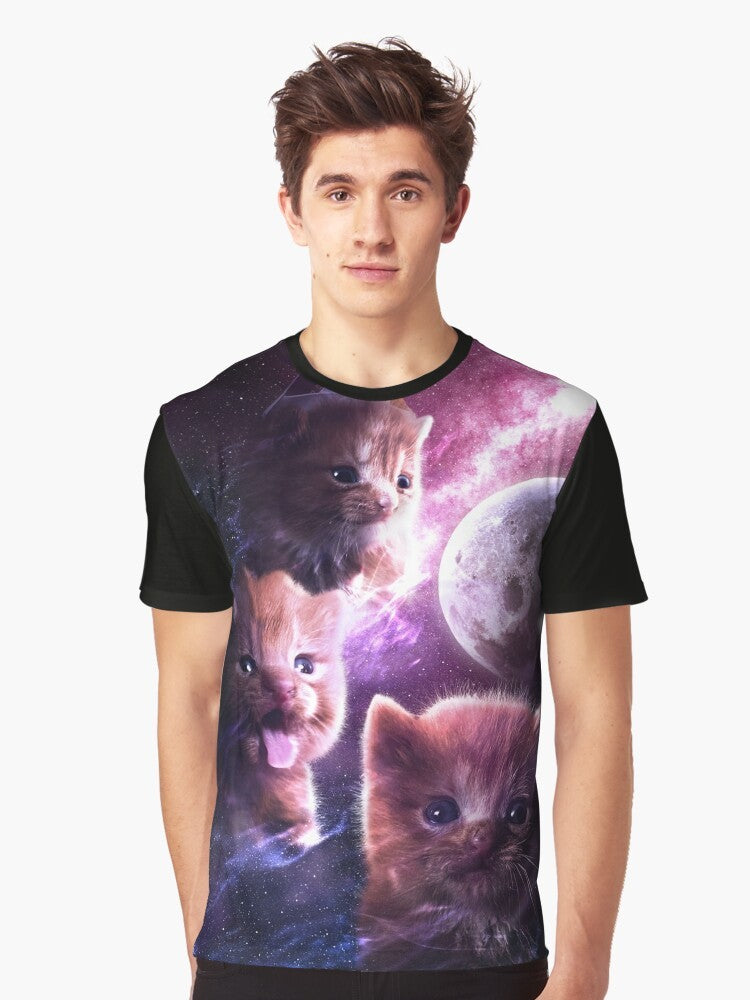 A graphic t-shirt featuring a degenerate moon design and a cute orange cat. - Men