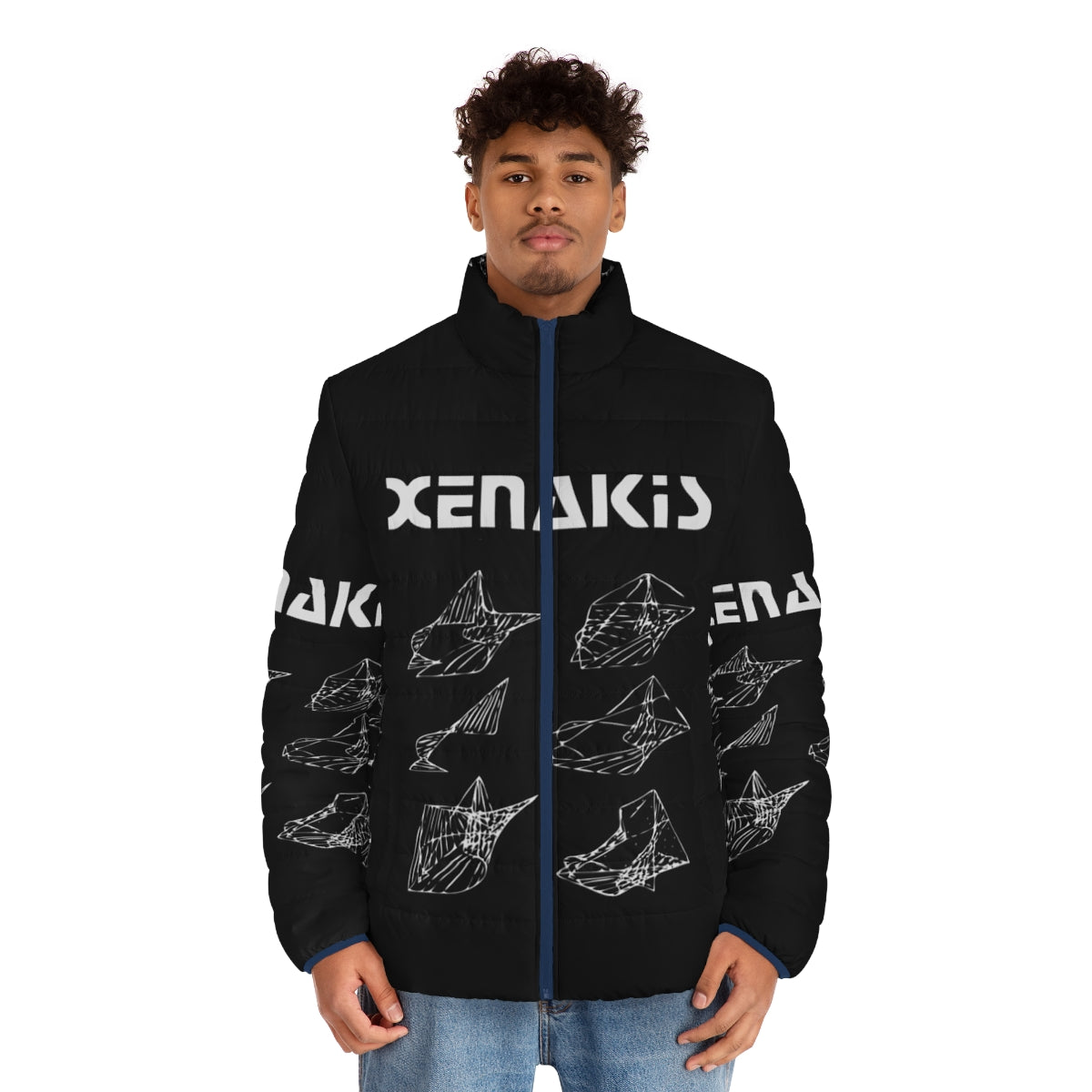 Iannis Xenakis inspired puffer jacket with cosmic line art design - men front