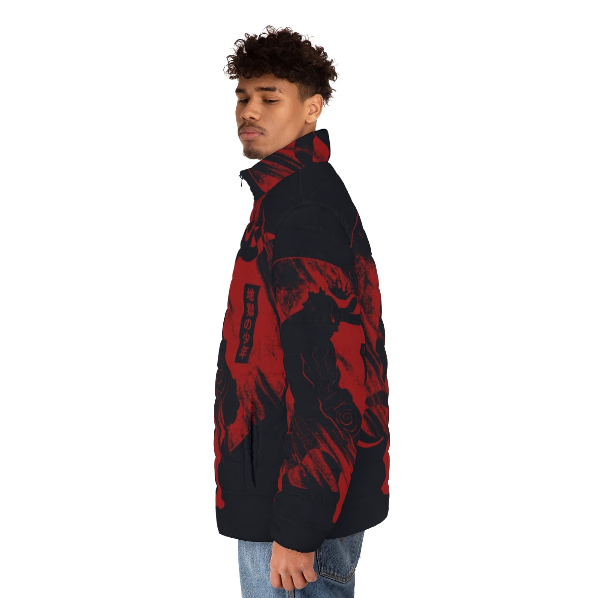 Hellboy inspired puffer jacket with a bold red and black design - men side left