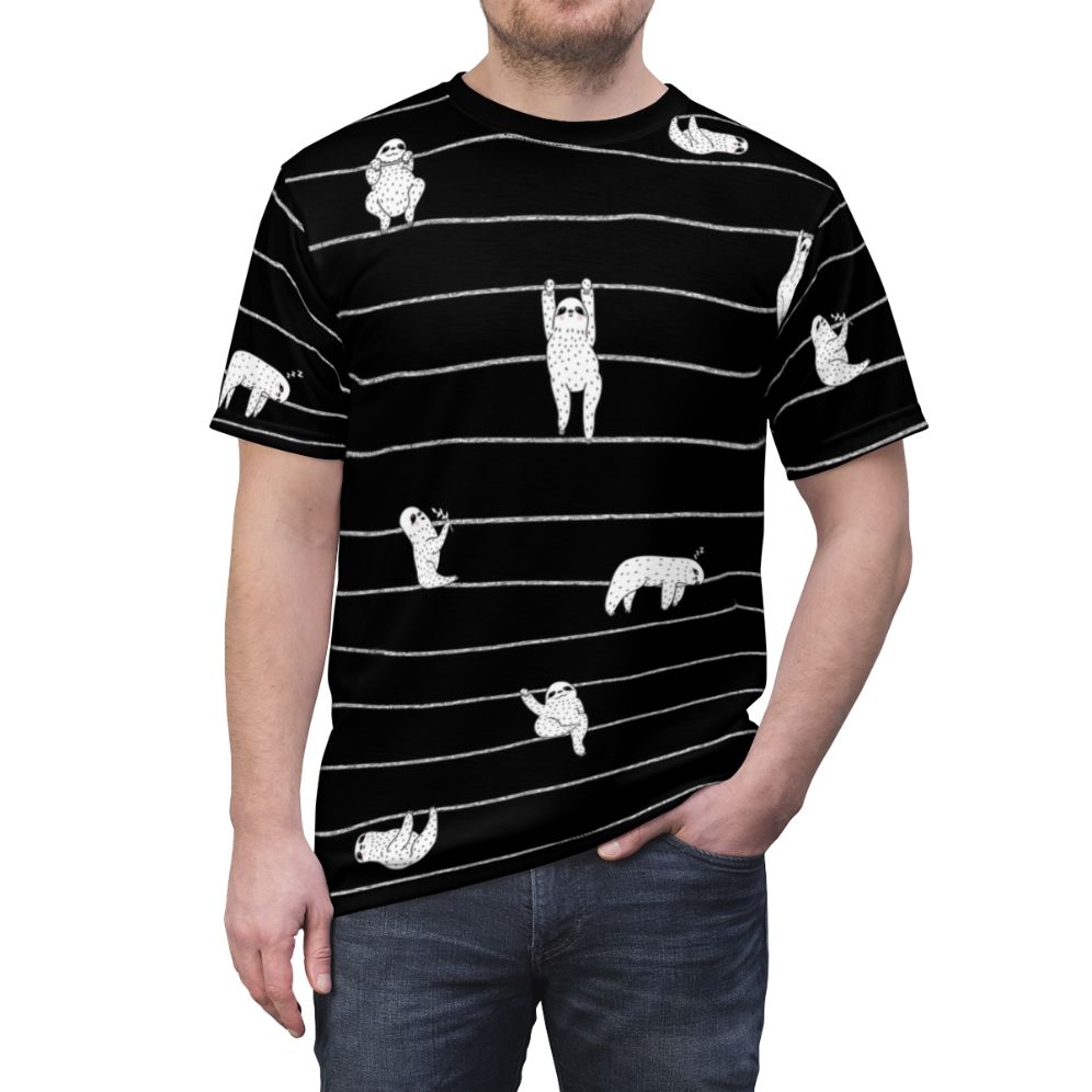 Sloth design printed on a white t-shirt with stripe pattern - men front