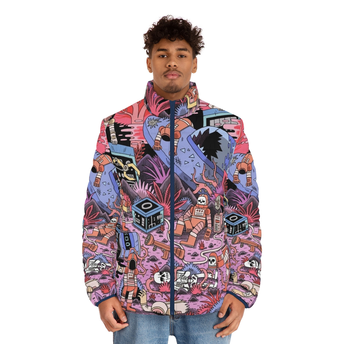 Chaos Puffer Jacket with detailed sci-fi and fantasy inspired design - men front