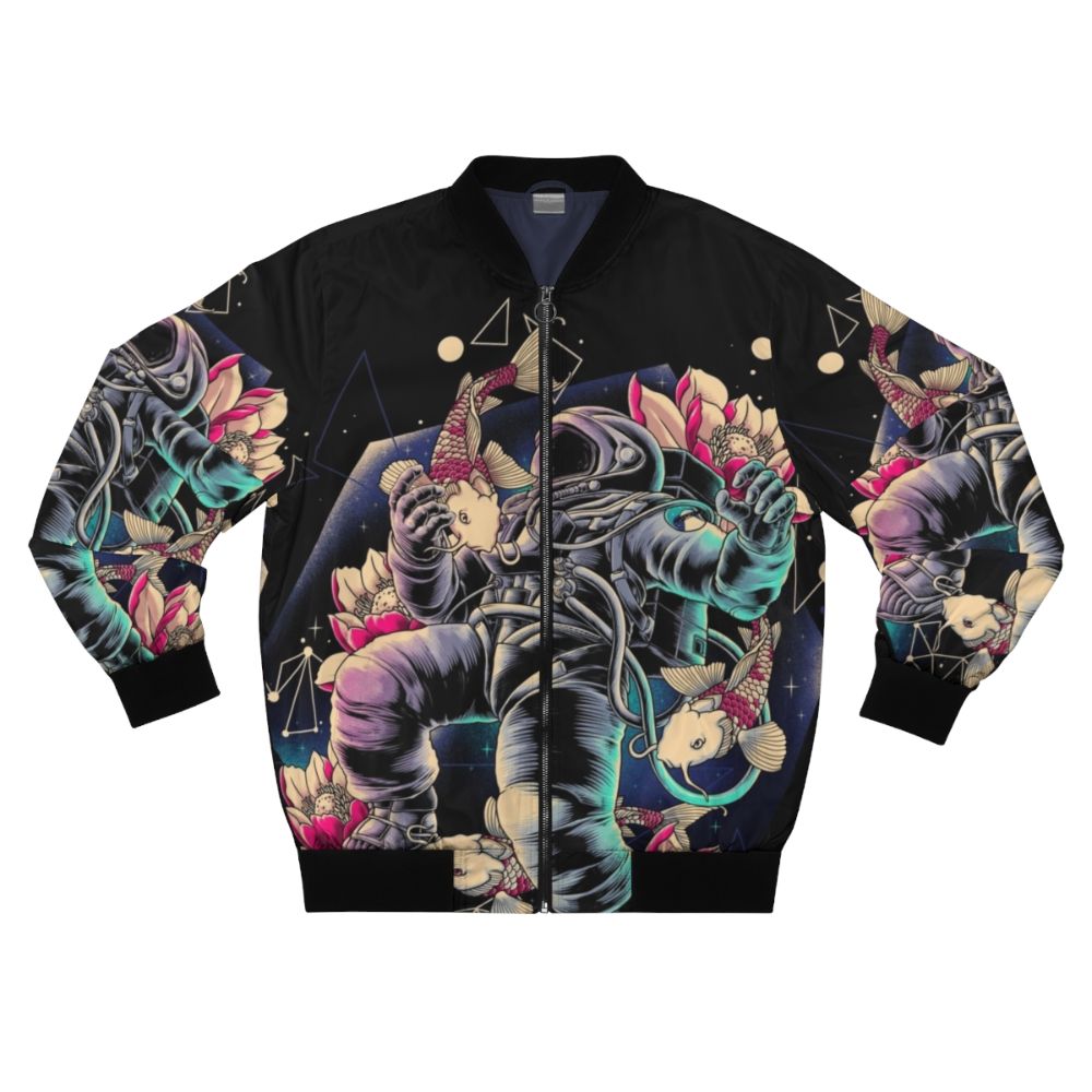 A stylish bomber jacket featuring a deep space, cosmic design with astronauts, stars, and geometric patterns.