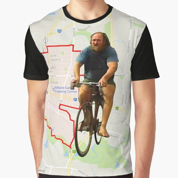 Mad dog graphic t-shirt featuring a funny illustration of a dog riding a bike in Australia