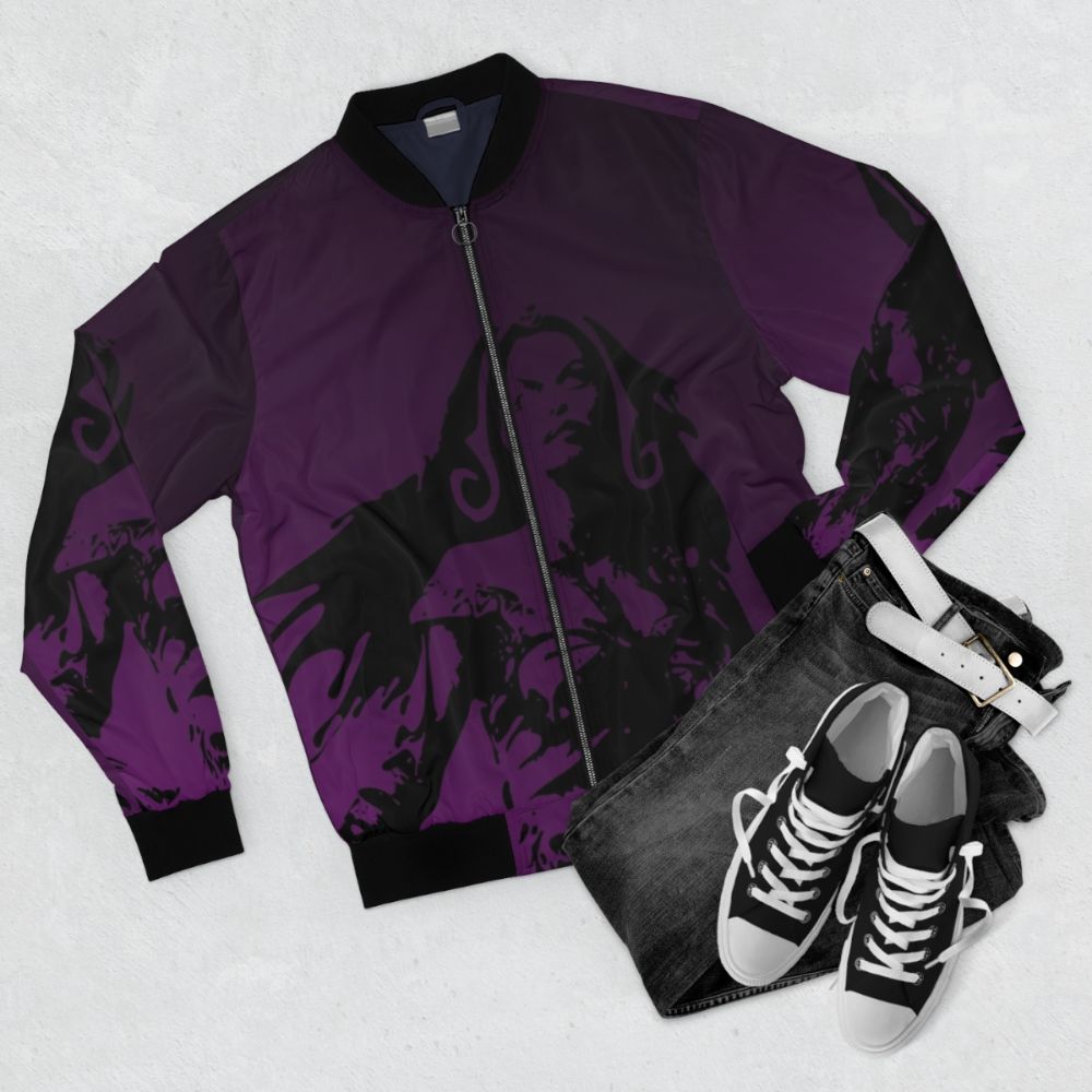 Liliana Vess abstract design bomber jacket for Magic: The Gathering fans - Flat lay