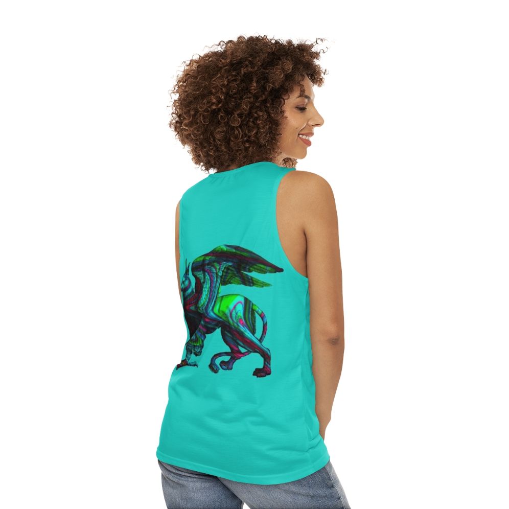 Colorful abstract griffin silhouette watercolor painting on unisex tank top - women back