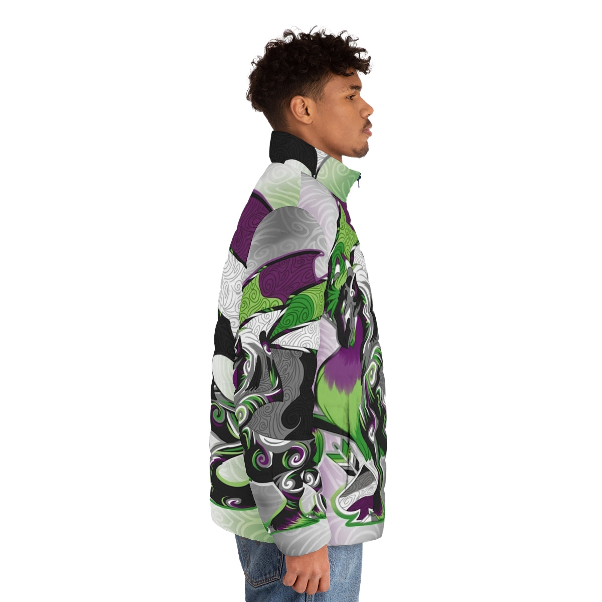 Aro ace pride dragon puffer jacket with LGBTQ+ and queer design - men side right