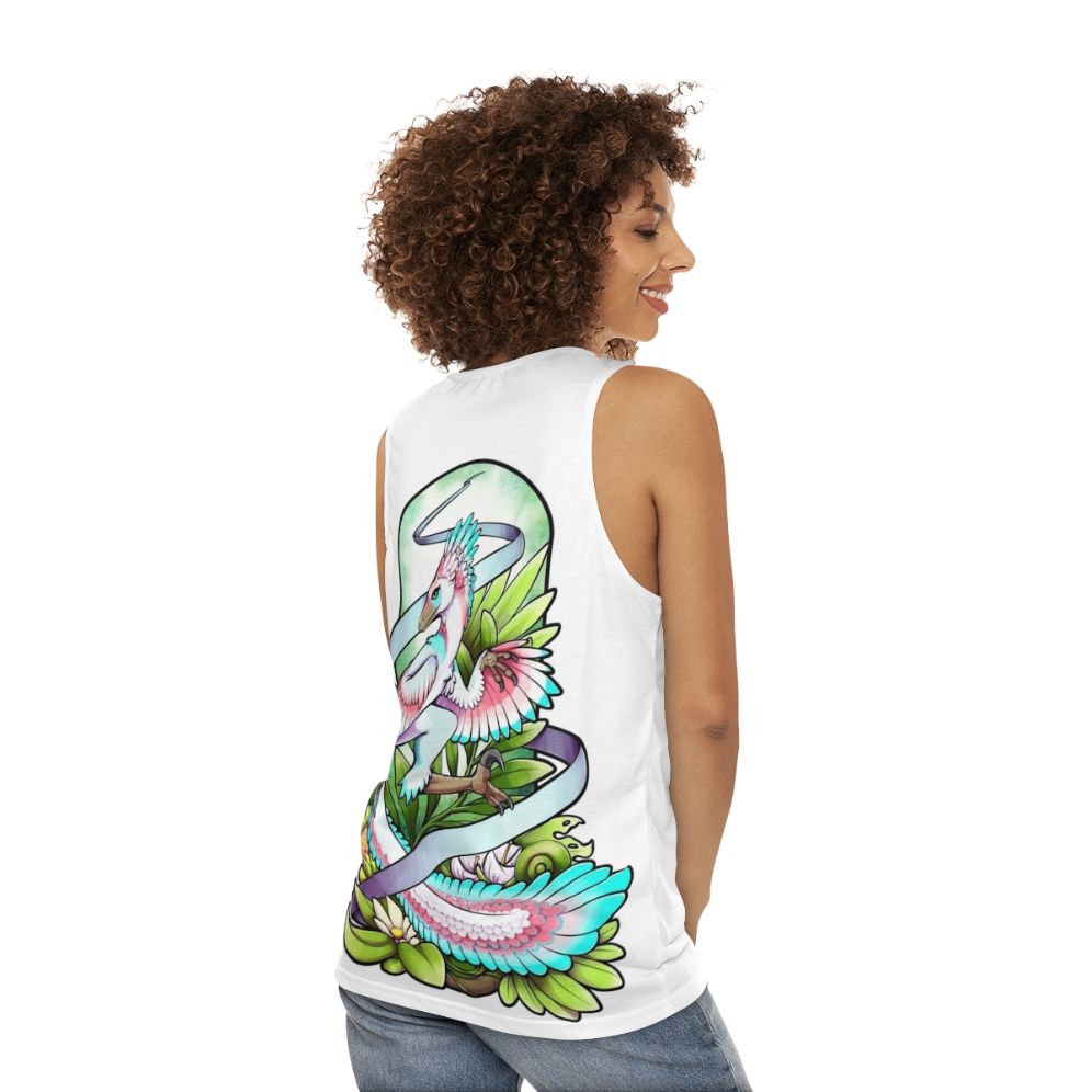 Dinosaur raptor unisex tank top with nature forest jungle design - women back