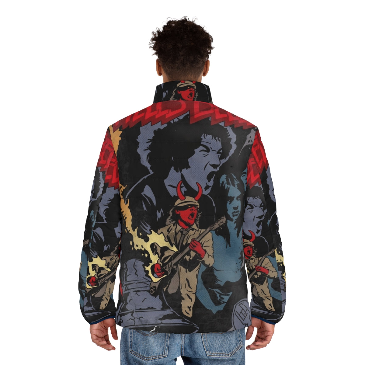 ACDC Hells Bells Comics Inspired Puffer Jacket featuring Angus Young and Hellboy designs - men back