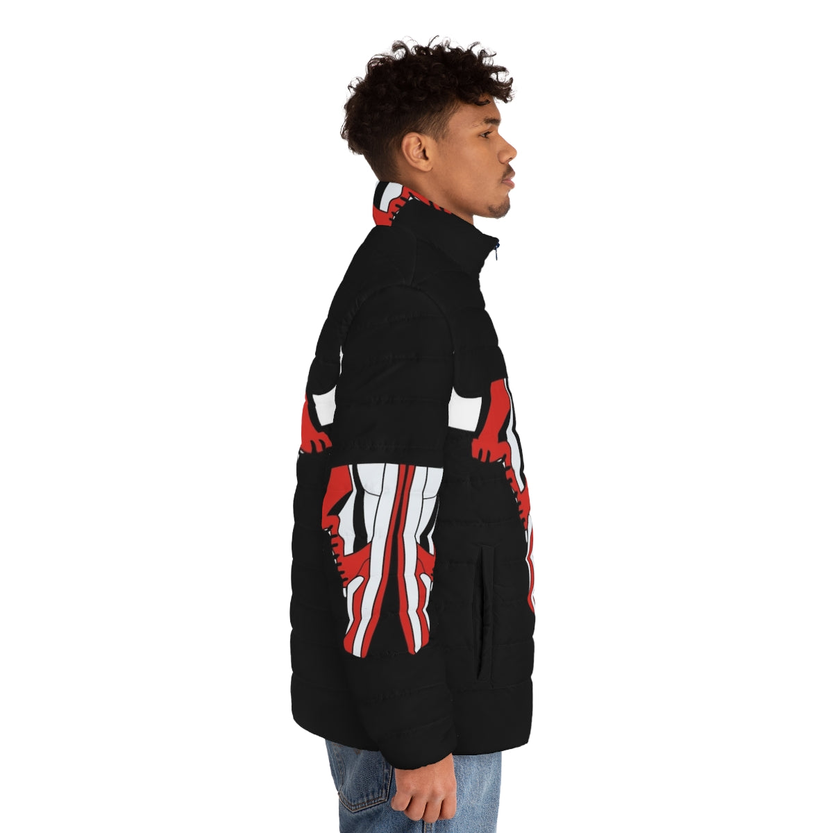 Chicago Bulls puffer jacket with vintage team logo and city skyline - men side right