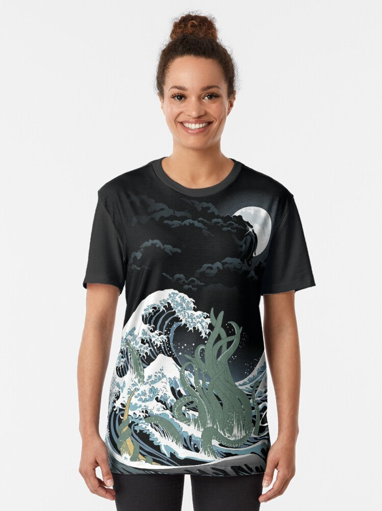 A graphic t-shirt design featuring Cthulhu, the iconic monster from H.P. Lovecraft's horror universe, surrounded by a swirling Japanese-style wave. - Women