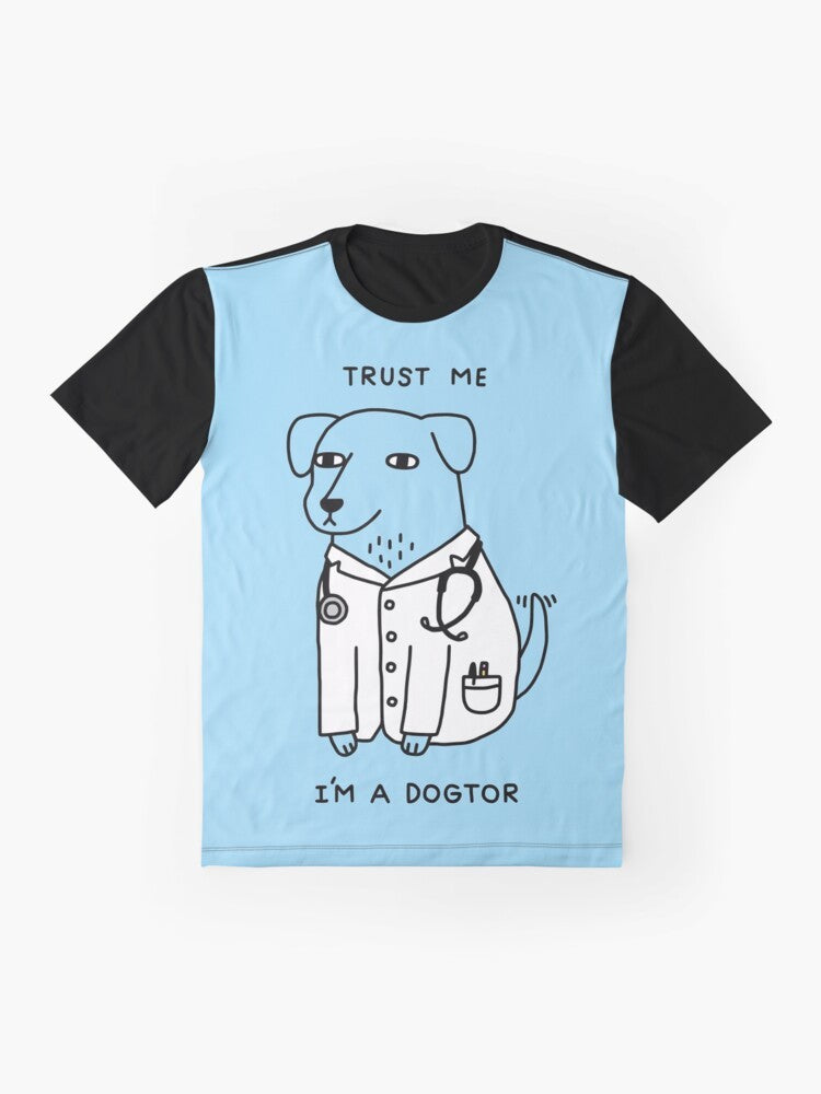 Graphic t-shirt with a dog wearing a stethoscope and the text "Dogtor" - Flat lay