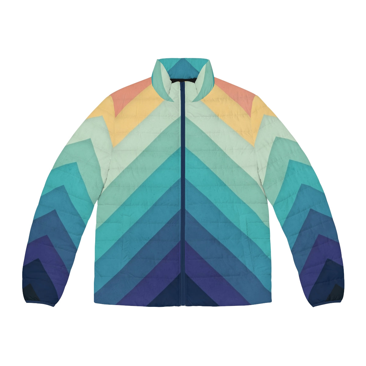 Retro puffer jacket with bold chevron pattern in vibrant rainbow colors