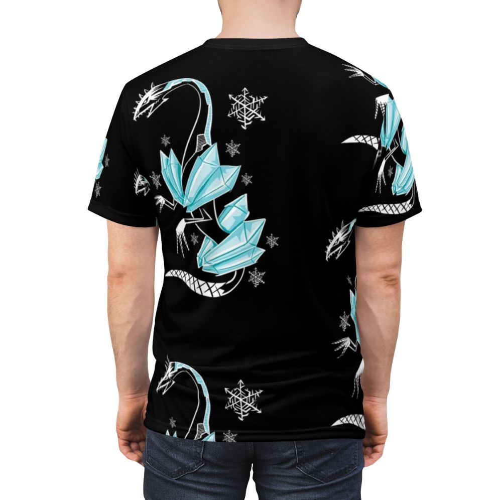 Illustration of a majestic winter dragon with ice crystal horns and tail, on a black t-shirt background. - men back