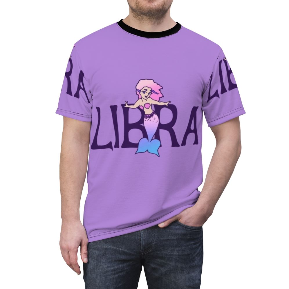 Libra mermaid illustration on a pink t-shirt - men front