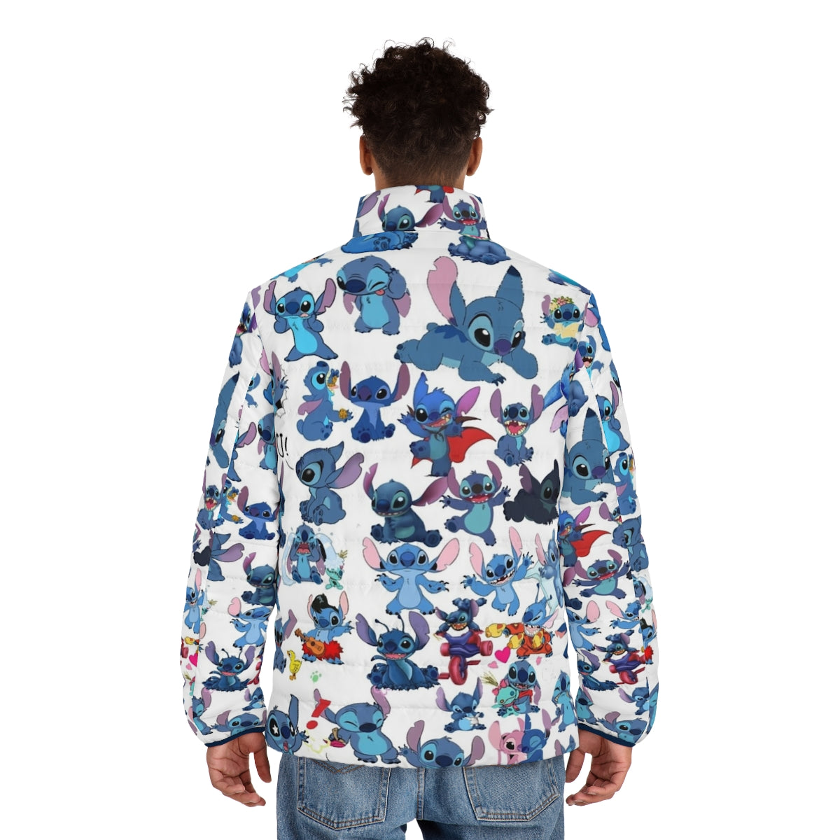 Stitch puffer jacket, blue puffer jacket with Stitch character design - men back