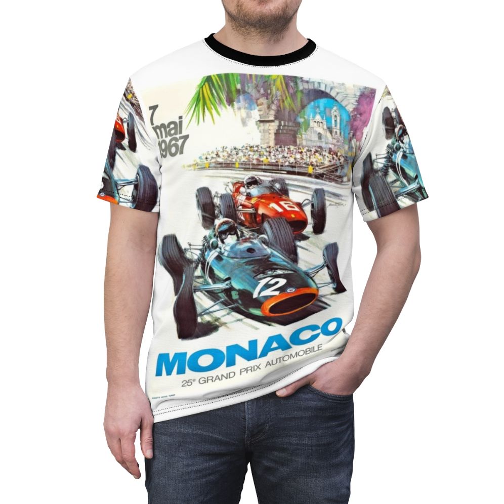 Vintage graphic t-shirt featuring a 1967 Monaco Grand Prix racing poster design - men front