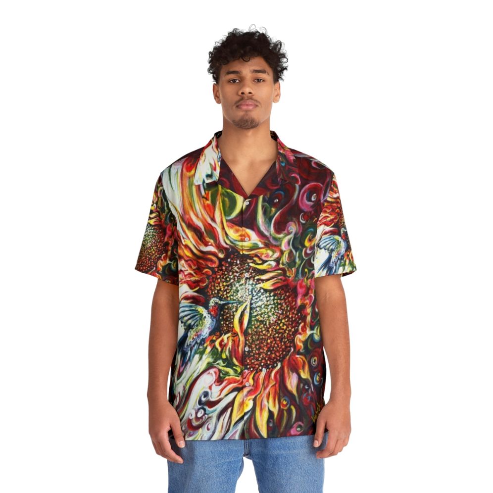 Sunflowers and hummingbird design on a colorful Hawaiian shirt - People Front