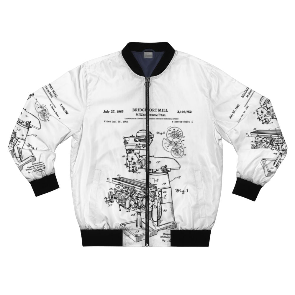 Vintage Bridgeport mill machine patent 1962 blueprint design on a bomber jacket, great gift for CNC machinists and metalworkers.