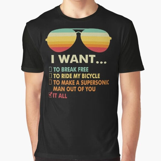 Queen "I Want It All" graphic t-shirt for music lovers featuring a bicycle costume design