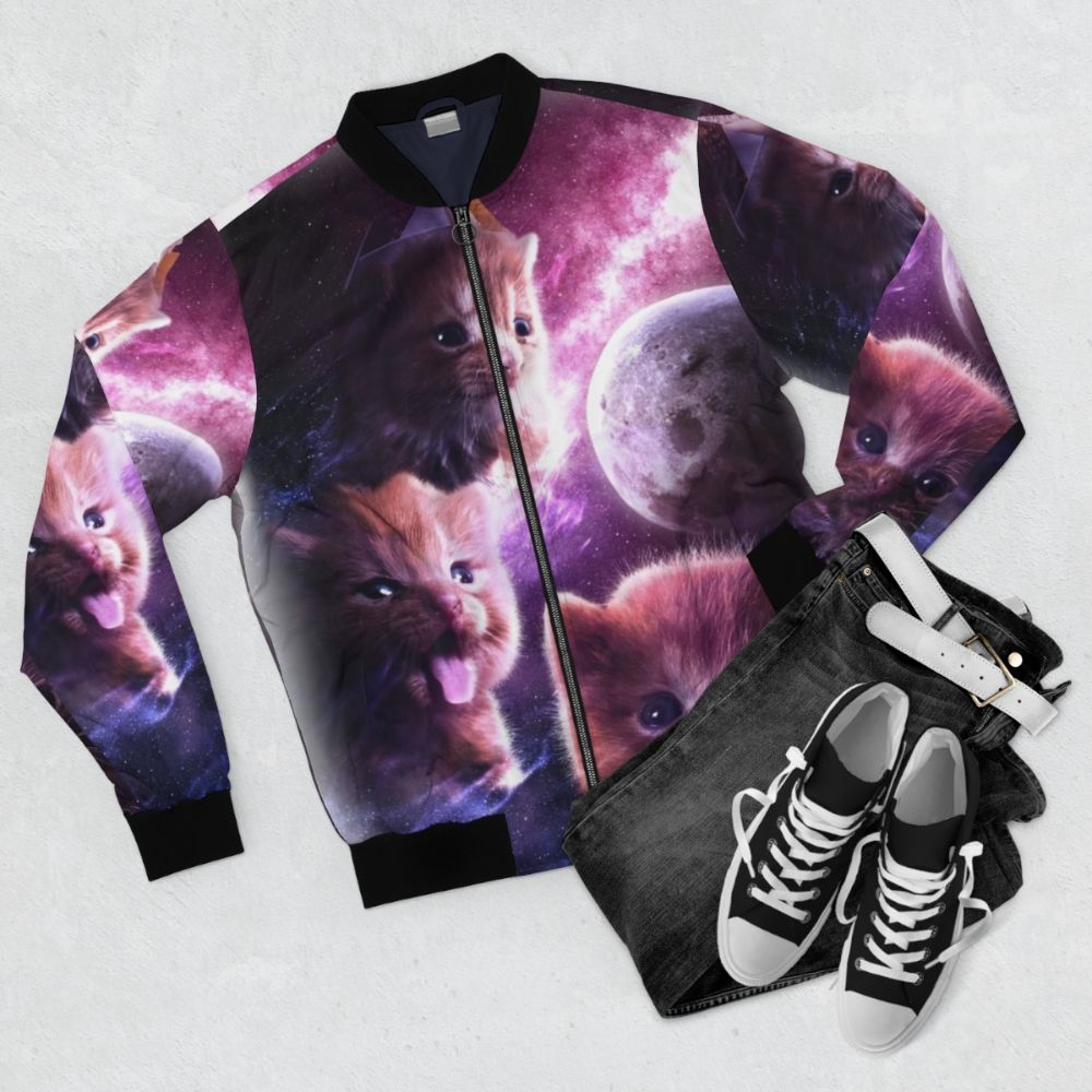 Cute orange cat wearing a bomber jacket with a moon and delinquent design - Flat lay