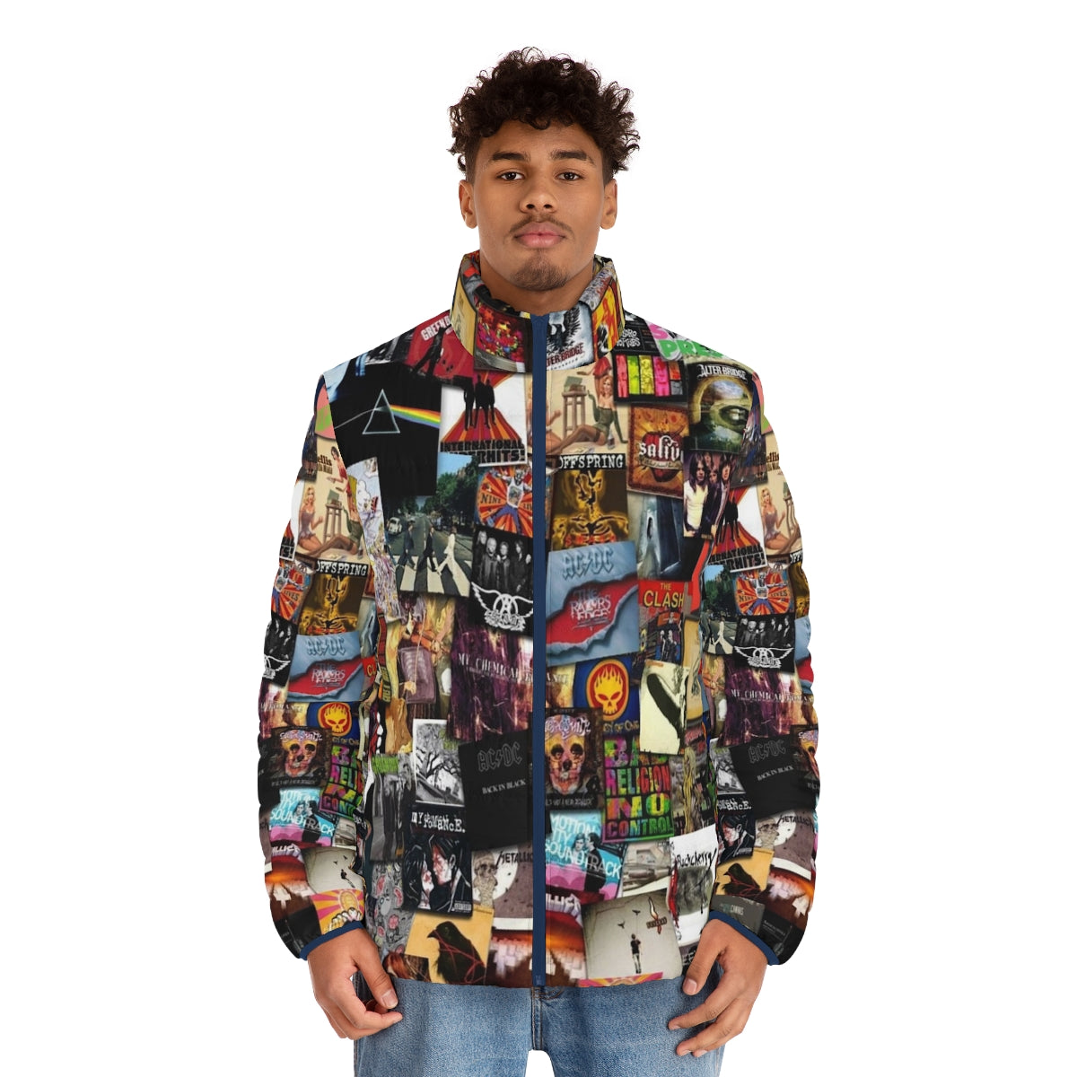 A puffer jacket featuring a collage of music album covers and band logos - men front