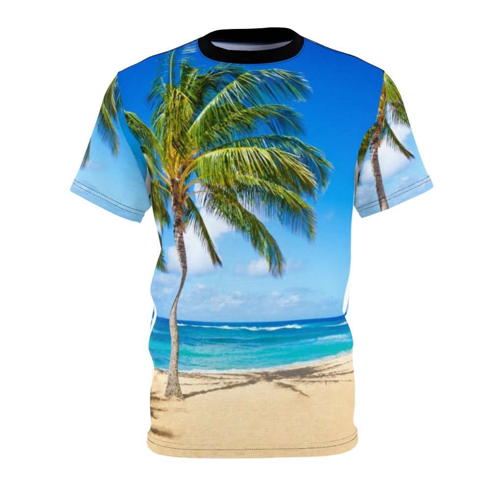 T-shirt featuring a scenic image of palm trees on a sandy beach in Hawaii