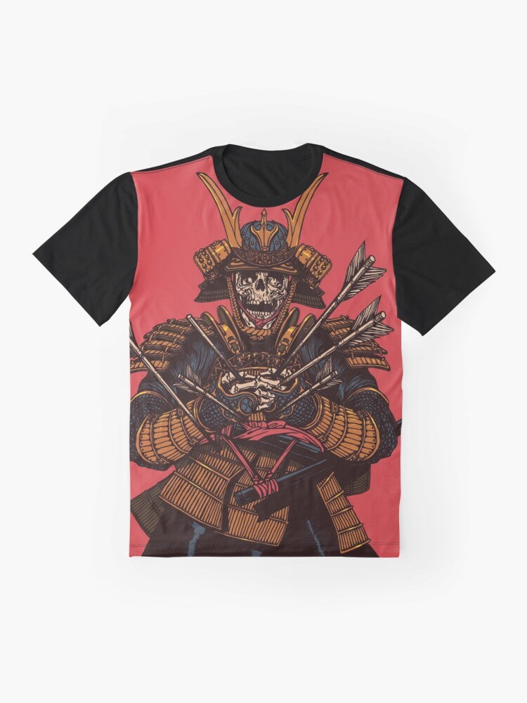 A graphic t-shirt featuring a dead samurai warrior with a sword and red background. - Flat lay